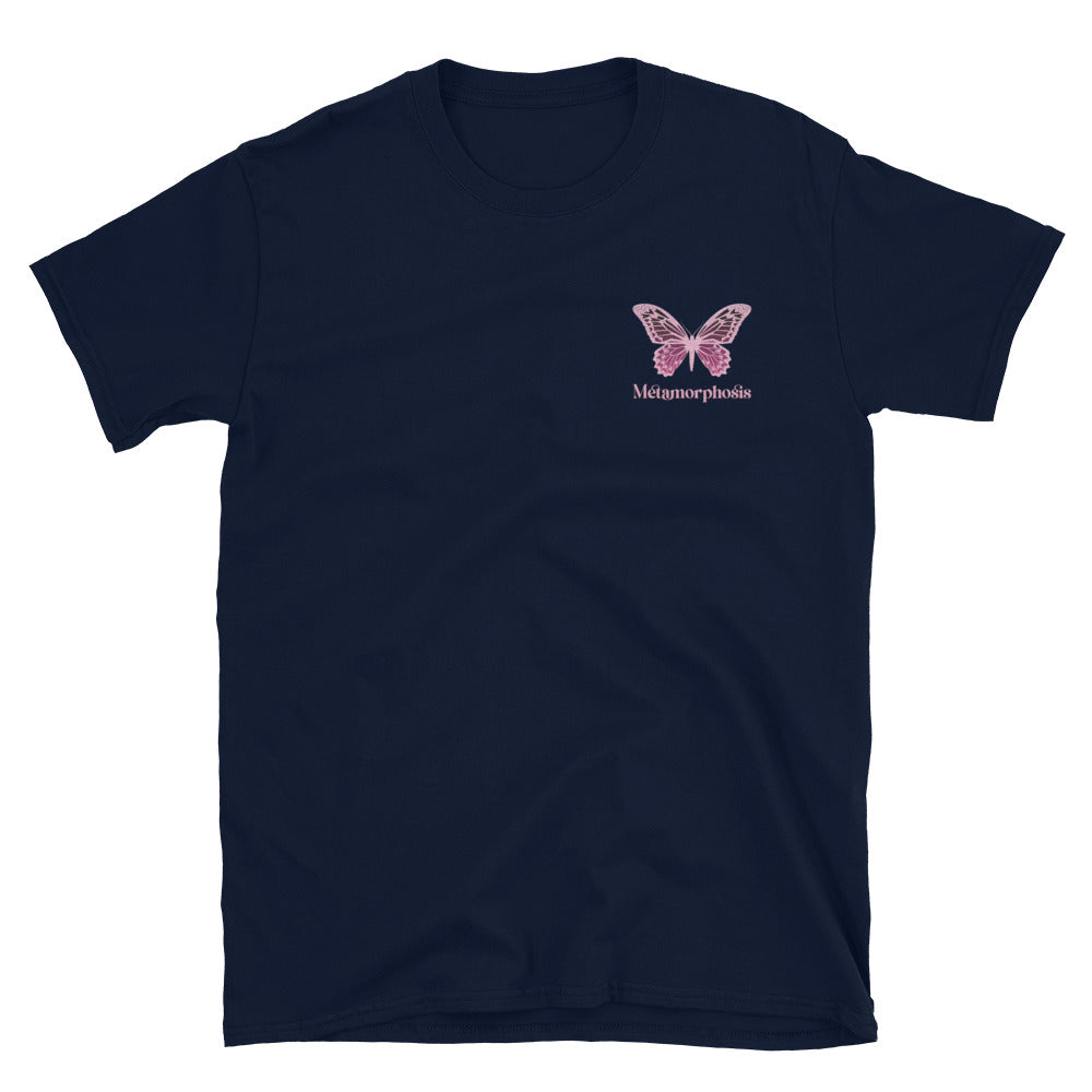 Metamorphosis Pink Butterfly Embroidered TShirt - Navy Color - https://ascensionemporium.net